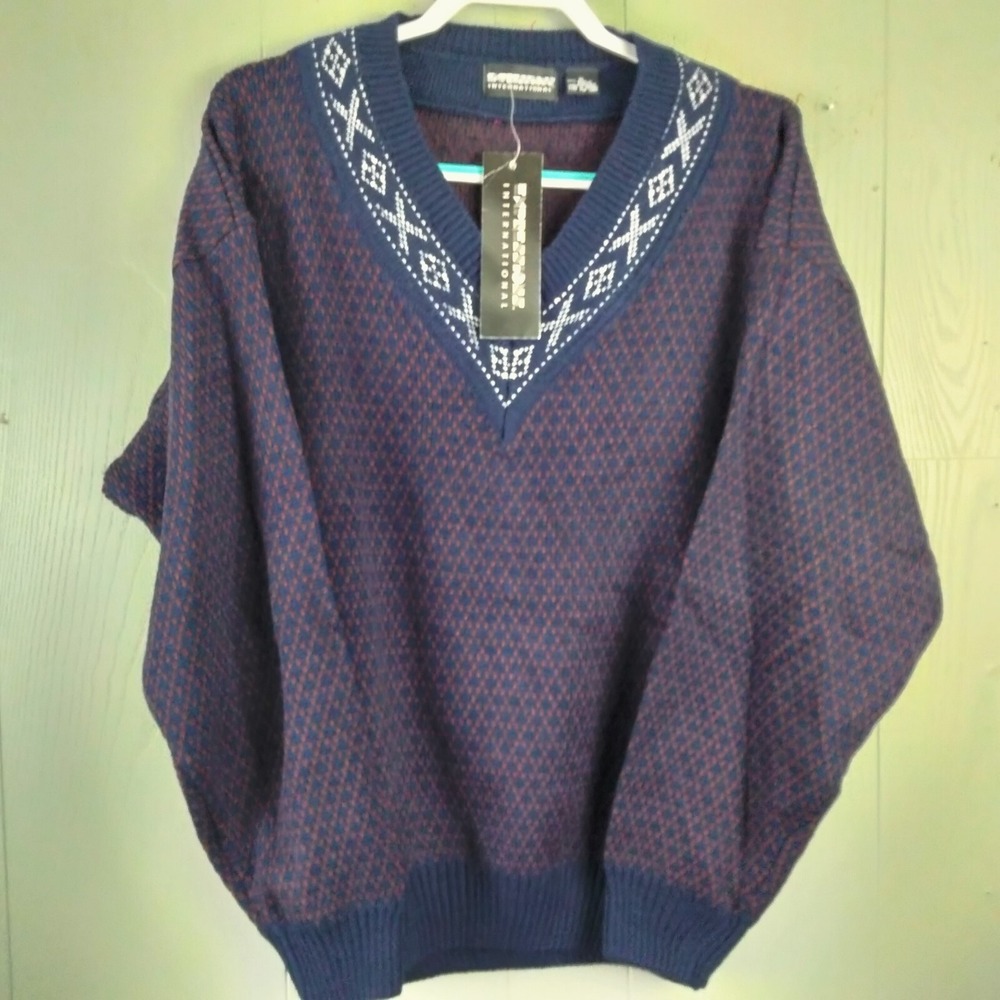 Vintage 80s Grandpa Sweater Mens XL Abstract Birdseye V Neck Preppy Academia NOS